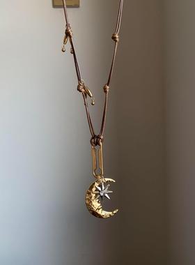 覆古做旧星星月亮吊坠项炼女精致民族风新中式毛衣炼长款挂脖配饰