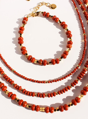 青岛出口欧美原创天然红石串珠项链飞盘扁珠方糖金珠手工锁骨链