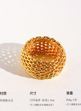 青岛出口不掉色小众设计镂空网格编织宽版戒指个性金属链条指环