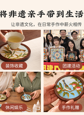 非遗景泰蓝圆形木质茶杯垫