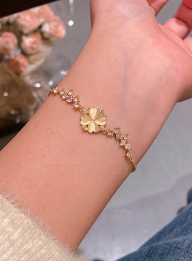 小众森系甜美猫眼石四叶草手链