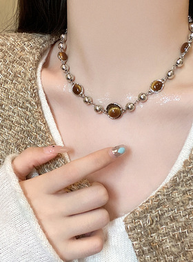 法式复古气质美拉德虎眼石项链