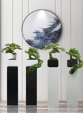 样板房间落地仿真迎客松摆件售楼处酒店轻奢软装大理石花器装饰