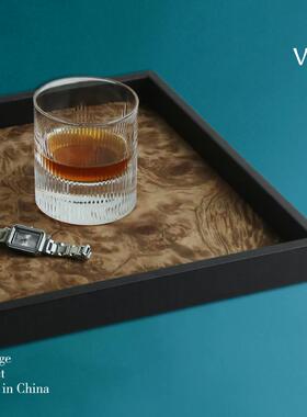 梵其中古轻奢手工木皮托盘长方形皮质家用收纳卧室茶几香薰首饰盘