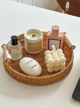 拍照道具韩系仿藤编收纳托盘香薰木质手柄装饰摆件收纳筐展示