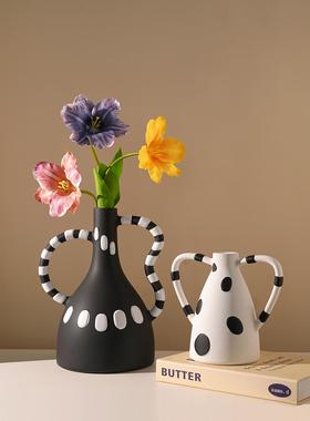 贝汉美中古风黑白斑点花瓶摆件艺术小众高档客厅玄关家居装饰品
