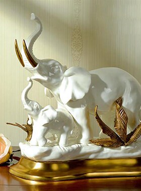 美式欧式办公室桌面陶瓷配铜摆件玄关壁炉大象母子象奢华大气摆件