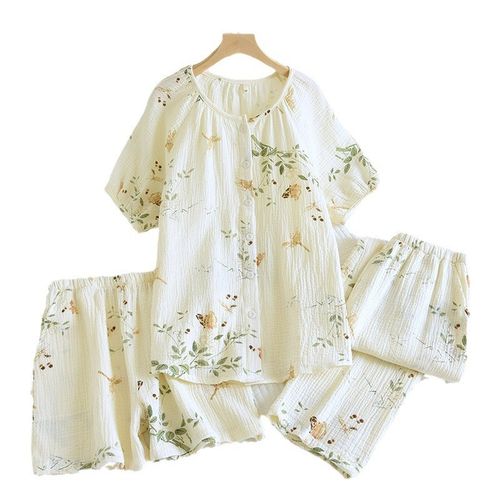 春夏秋季纯棉纱布三件套睡衣女圆领薄款短袖短裤家居服长袖可外穿 - 图3