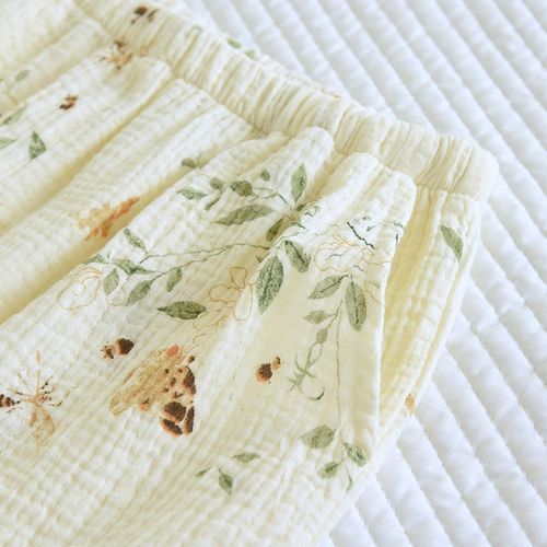 春夏秋季纯棉纱布三件套睡衣女圆领薄款短袖短裤家居服长袖可外穿 - 图2