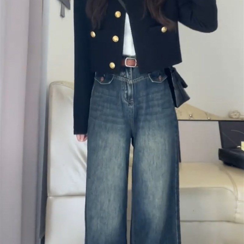 复古蓝阔腿牛仔裤春款女胖mm大码梨形身材显瘦高腰设计感直筒裤子,淘宝优惠券,粉丝福利购,淘宝优惠卷