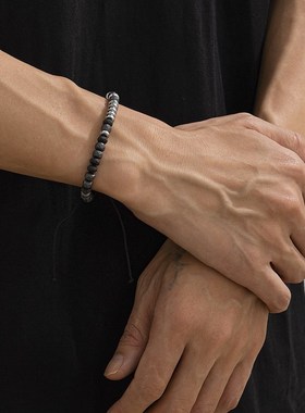 黑胆石松石串珠手链男嘻哈小众简约百搭时尚个性手工编织手串手饰