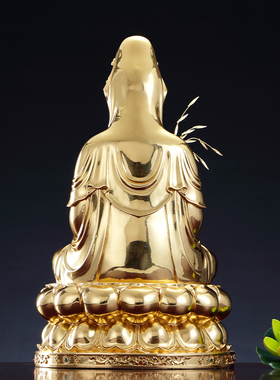 纯铜贴金观音菩萨家用供奉观音佛像南海坐莲观音铜像娑婆三圣摆件