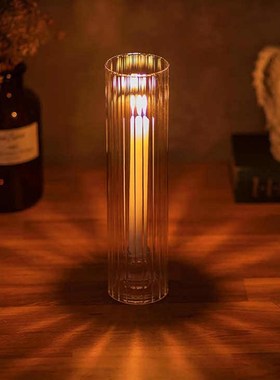 安全包装带支架防风筒玻璃烛台 飓风透明竖纹装饰酒店高级感烛台