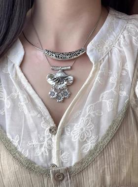 彷苗银项炼叠戴锁骨细项圈女款个性覆古民族风弯管吊坠女生饰品