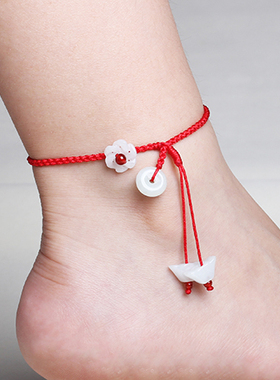 翡翠玉红绳脚链女手工编织红绳平安扣葫芦本命年脚绳好运珠红色绳