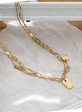 复古轻奢钛钢双层方牌人像锁骨链