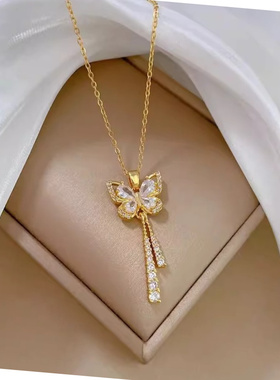 轻奢钛钢满钻蝴蝶镶锆项链
