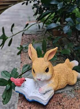 创意动物花园庭院装饰小兔子看书动物摆件窗台盆景造景树脂摆设