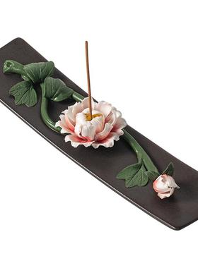 国潮手工牡丹花桃花线香插摆件陶瓷创意莲花菊花香托香座桌面装饰