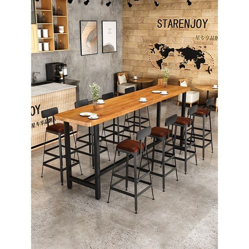 桌椅铁复古实木高脚吧台艺休闲奶茶店酒吧吧桌凳靠墙吧台长桌椅 - 图0