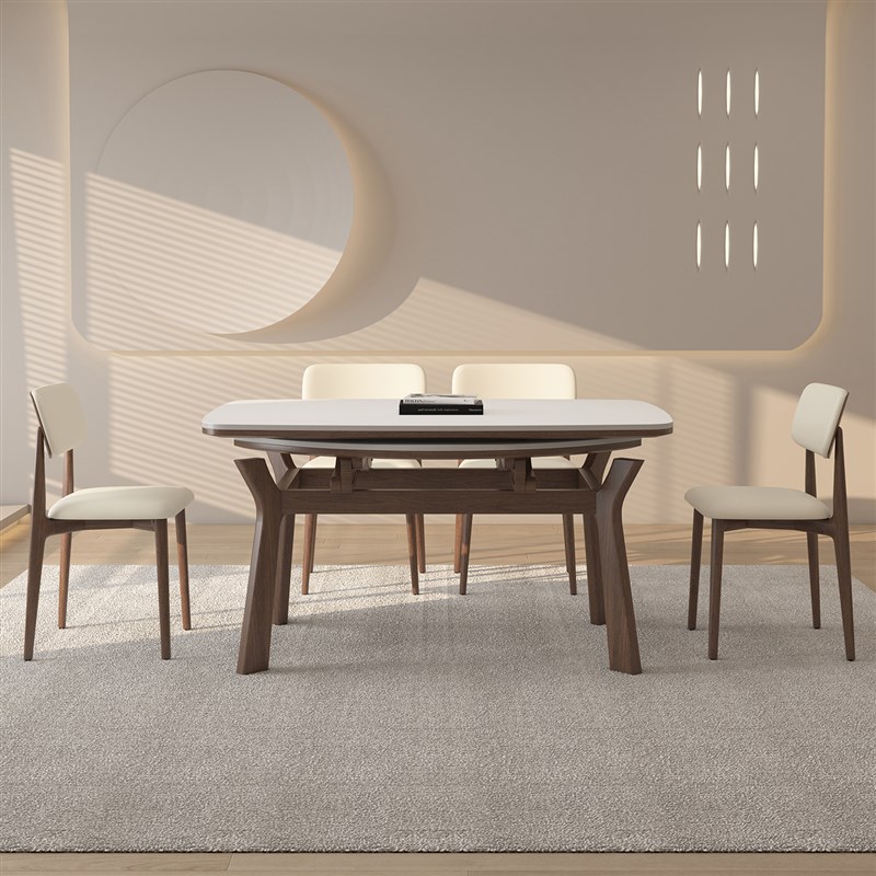 实木可伸缩岩板餐桌可变圆桌家用小户型奶油中古风高端吃饭桌子 - 图1