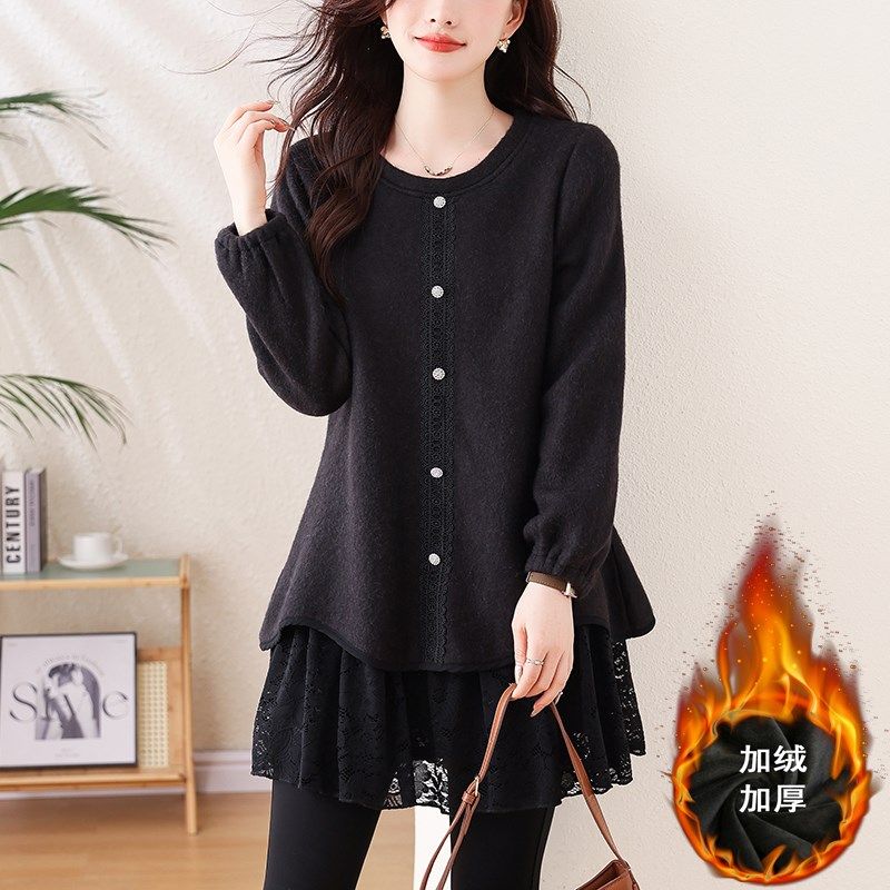 宽松加绒加厚毛衣女2024大码冬季保暖新款高级感显瘦蕾丝拼接上衣,淘宝优惠券,粉丝福利购,淘宝优惠卷