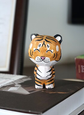 呆萌老虎猫手工木雕小摆件公仔可爱木质雕刻治愈系卡通书桌装饰品