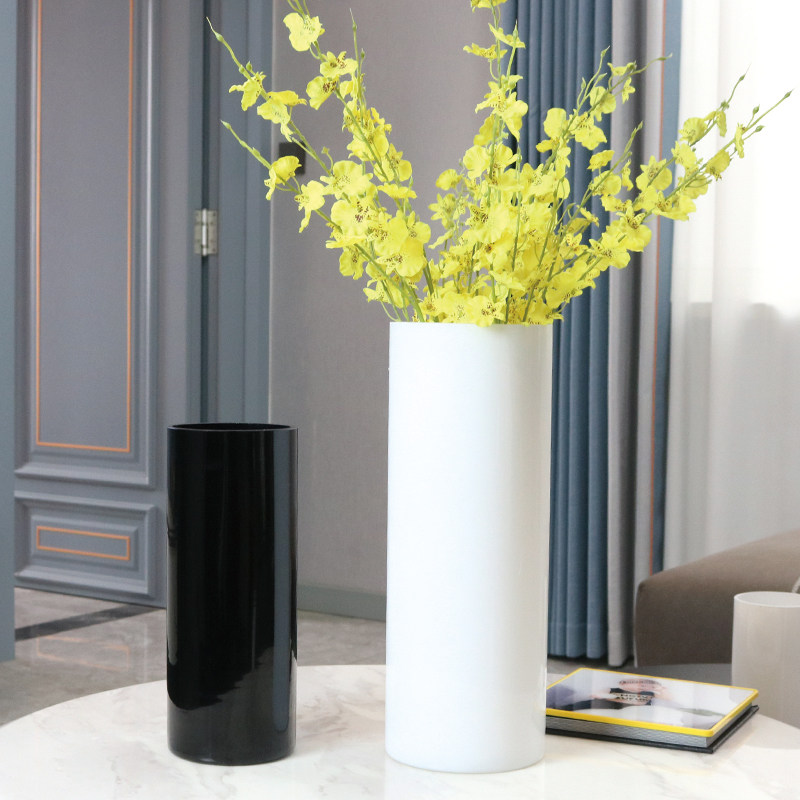 简约黑白色直筒圆口玻璃花瓶落地水培插花花瓶酒店样板房装饰摆件 - 图1