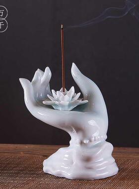 陶瓷佛手莲花红香插禅意摆件新中式家居客厅茶室博古架香薰装饰品