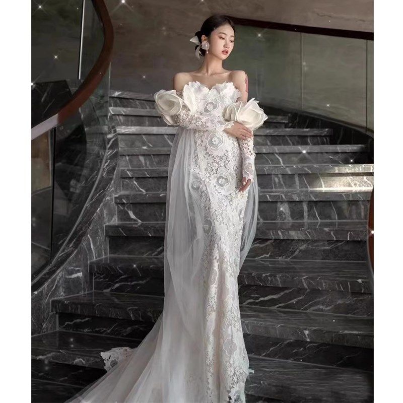 一字肩旅拍高档蕾丝轻婚纱2023新款新娘婚礼迎宾小个子简约出门纱,淘宝优惠券,粉丝福利购,淘宝优惠卷