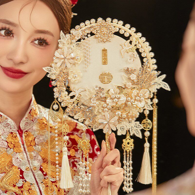 香槟色团扇新娘结婚di材料包 重工喜扇秀禾服婚礼级感遮面扇子,淘宝优惠券,粉丝福利购,淘宝优惠卷