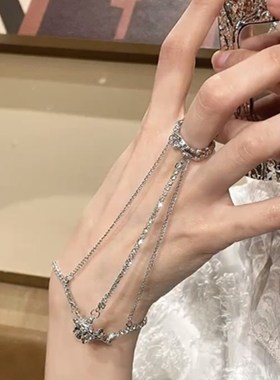 zoozamomo欧美轻奢锆石一体式链条开口手链戒指高级感满钻辣妹手