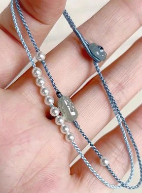 国风清冷感水蓝色小貔貅珍珠双层编织手绳手链百搭简约新款女手饰