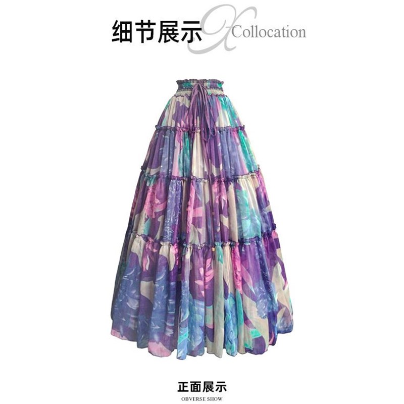 春夏季女2024年新款高级感民族风系带高腰大摆裙过膝A字印花长裙 - 图3
