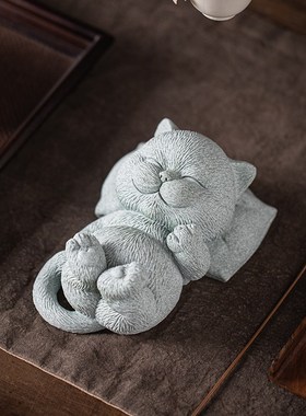 可爱治愈系小猫咪高枕无忧茶宠摆件禅意萌猫鱼缸造景书房镇纸装饰