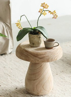 侘寂风实木蘑菇沙发边几矮凳民宿软装造景迷你装饰小茶几装饰摆件