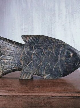 新中式客厅玄关玉石石头鱼摆件创意书房博古架装饰品雕塑天然石雕