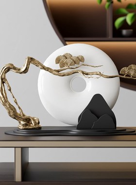 新中式玉石平安扣摆件高档黄铜迎客松客厅玄关电视柜书房桌面装饰