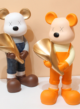 暴力熊捧花摆件橘色家居抱花熊花瓶玄关装饰品摆设结婚送新人礼物