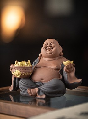 中式精品陶瓷大肚弥勒佛笑佛摆件创意家居玄关博古架办公桌面摆设