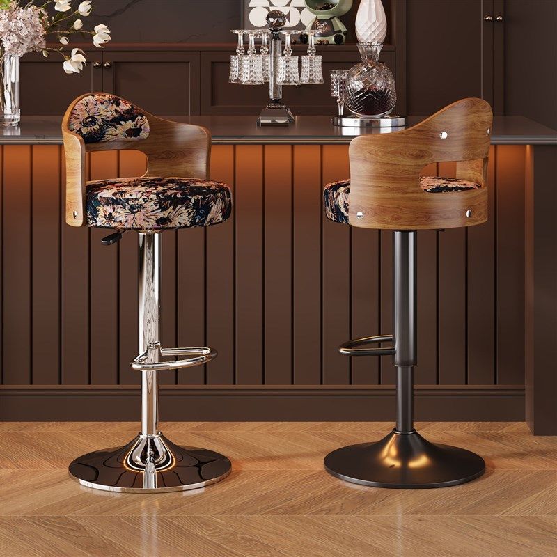 中古风木质靠背高脚椅家用吧台椅花卉印花布艺坐垫可升降酒吧椅,淘宝优惠券,粉丝福利购,淘宝优惠卷