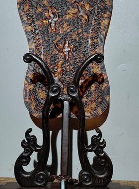 文案陈设花梨木嵌宫扇旧藏老花梨木宫扇屏风摆件古玩摆件收藏品