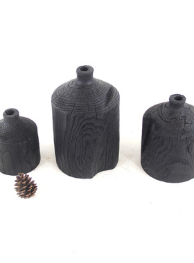 新中式禅意碳化黑色花器花瓶摆件样侘寂风木质小茶盘托盘果盘装饰