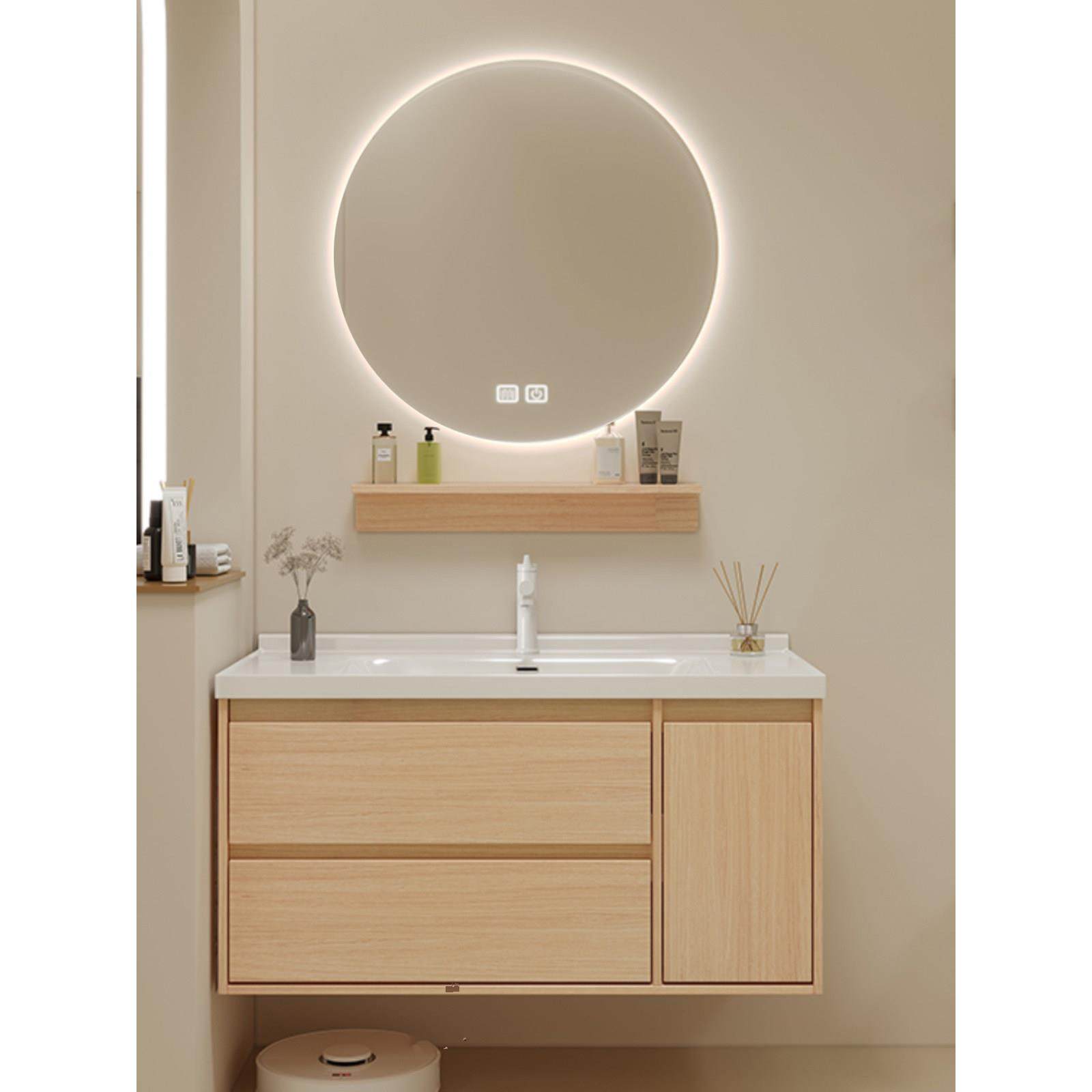 原木色浴室柜现代简约智能洗脸盆柜组合陶瓷一体洗漱台浴柜组合,淘宝优惠券,粉丝福利购,淘宝优惠卷