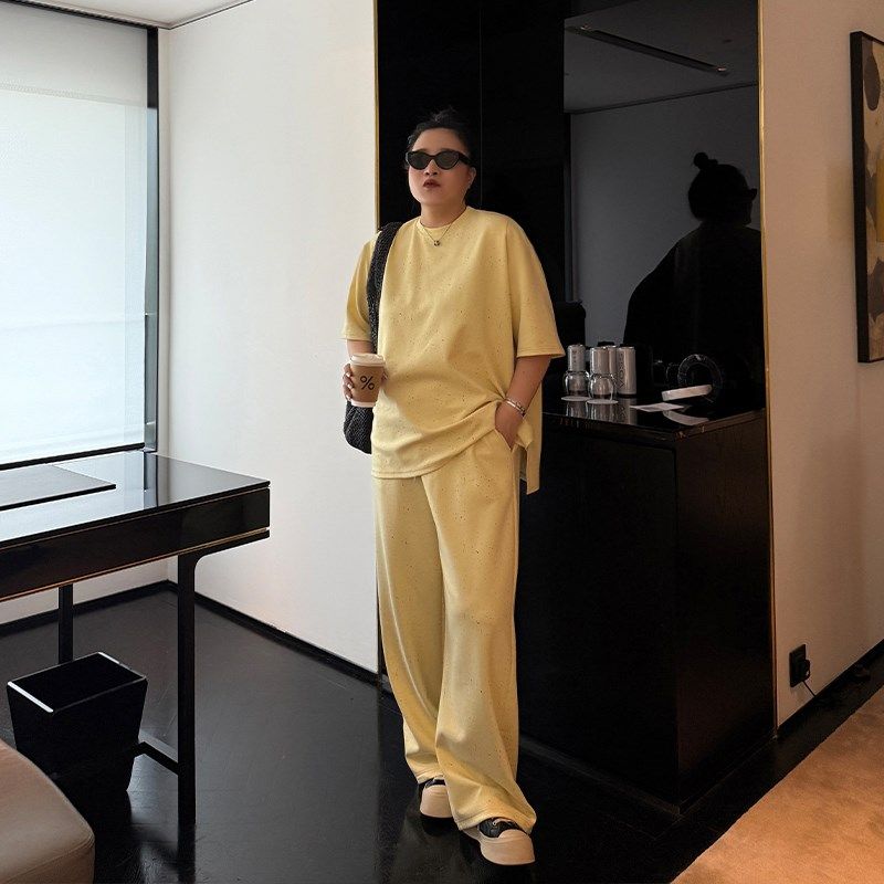 铅笔小鑫大码女装 休闲CP 宽松彩点短袖T恤+直筒长裤套装,淘宝优惠券,粉丝福利购,淘宝优惠卷