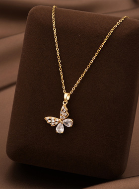 复古中国风跨境热卖热卖高级感蝴蝶锆石项链 钛钢镀18K锁骨链