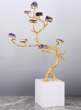 大号奢华落地黄铜树家居摆件客厅玄关别墅紫水晶花迎宾招财树软装