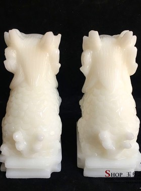 天然白玉麒麟摆件一对家居客厅玄关办公室电视柜装饰品工艺品摆设