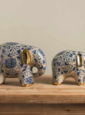 木南家居复古青花瓷象陶瓷大象中式玄关装饰摆件桌面乔迁开业礼物