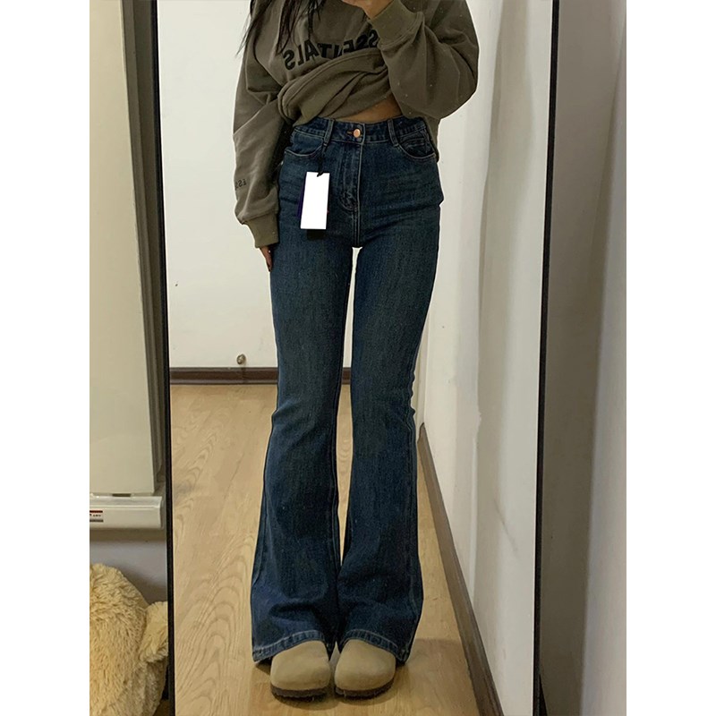 复古蓝微喇弹力牛仔裤女秋冬加绒高腰大码胖mm巨显瘦裤子梨型身材 - 图1